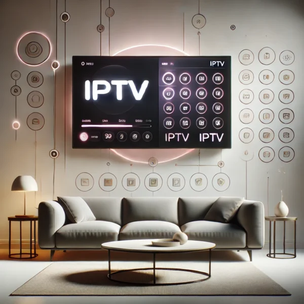 Sala de estar moderna con un televisor mostrando IPTV. iptv españa