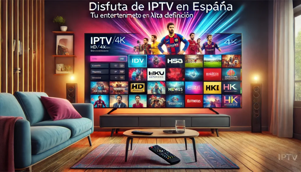 Imagen de aplicaciones IPTV en España para una experiencia de streaming, mostrando un televisor inteligente con iconos de aplicaciones populares en un ambiente de sala de estar.