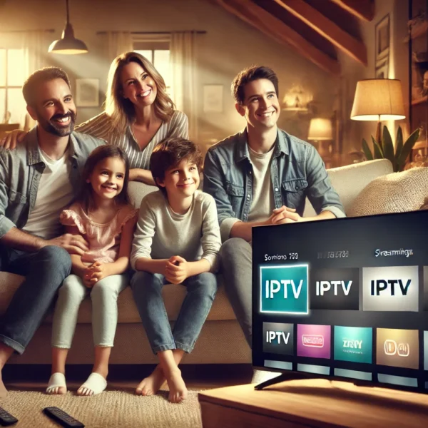 Familia sentada en la sala viendo televisión IPTV en un televisor moderno.