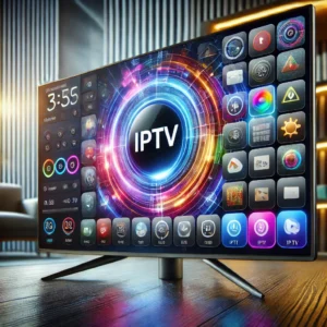 Televisión inteligente moderna mostrando contenido de IPTV en una sala contemporánea. iptv españa