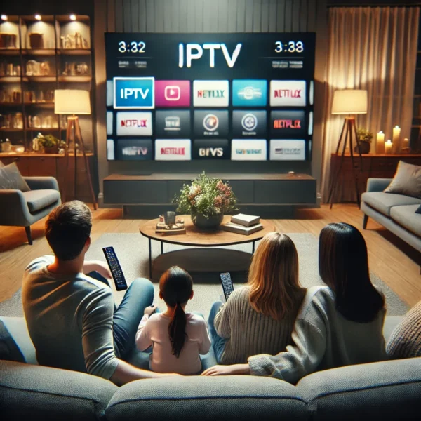 Vista trasera de una familia viendo televisión IPTV en la sala de estar.