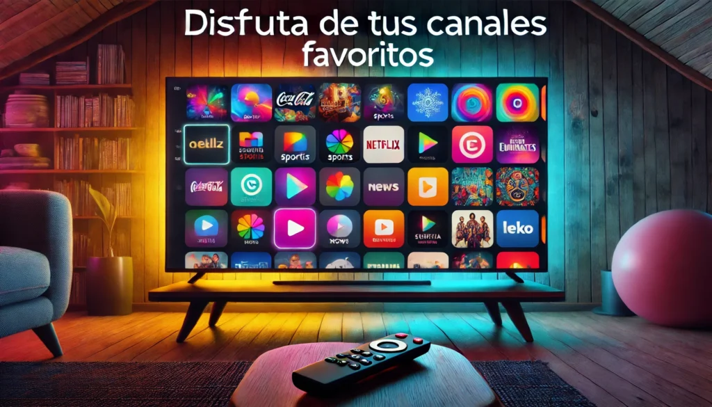 Smart TV displaying a variety of colorful channel icons with the text 'Disfruta de tus Canales Favoritos' in a modern font.