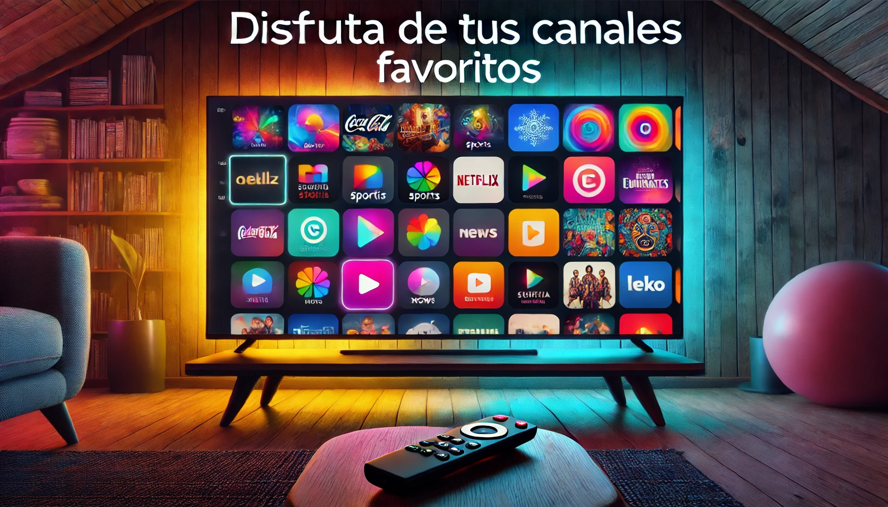 Smart TV displaying a variety of colorful channel icons with the text 'Disfruta de tus Canales Favoritos' in a modern font.