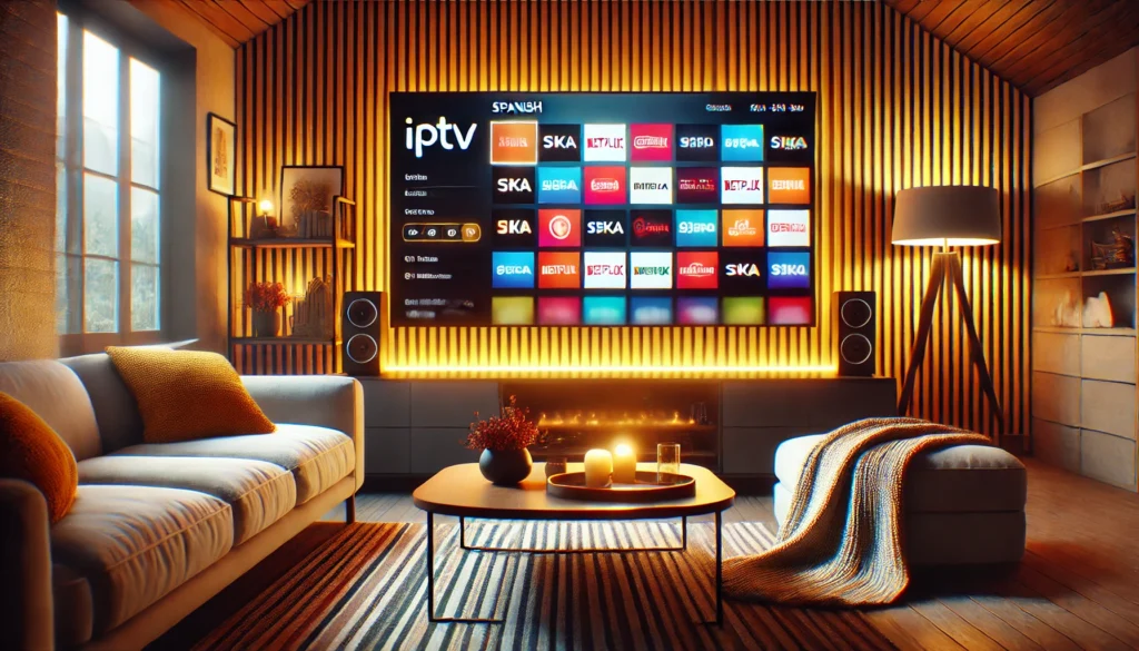 Salón acogedor con diseño moderno, con una smart TV que muestra canales IPTV españoles vibrantes, rodeado de un sofá cómodo y una iluminación cálida.