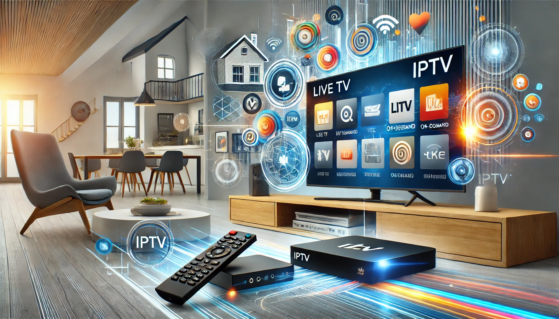 Modern living room in Spain with a large flat-screen TV streaming IPTV, displaying live channels and on-demand video options, accompanied by a sleek set-top box and mobile devices