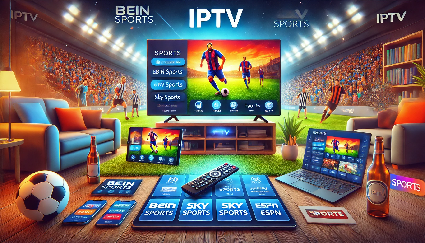 Una ilustración que muestra las características del IPTV para aficionados al deporte en España, con una Smart TV transmitiendo un partido de fútbol, un control remoto y varios dispositivos (tablet, smartphone y laptop) reproduciendo contenido deportivo. La escena está ambientada en un salón acogedor, destacando la transmisión en HD, la compatibilidad con múltiples dispositivos y las interfaces fáciles de usar.