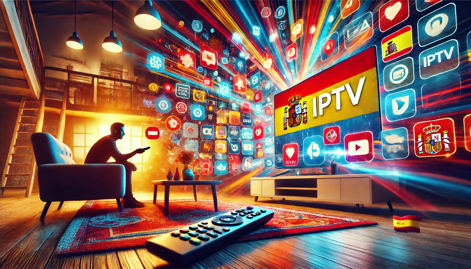 Salón moderno que muestra la experiencia de streaming IPTV en España, con un televisor de pantalla plana mostrando canales españoles e iconos coloridos, una persona sentada en el sofá con un mando a distancia y una iluminación acogedora.