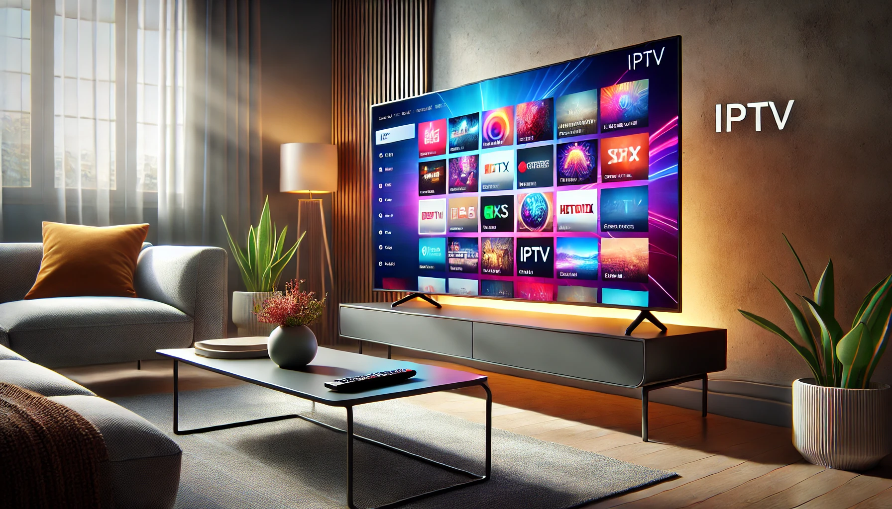 Salón moderno con un televisor inteligente mostrando canales IPTV España Premium, rodeado de muebles minimalistas e iluminación ambiental.