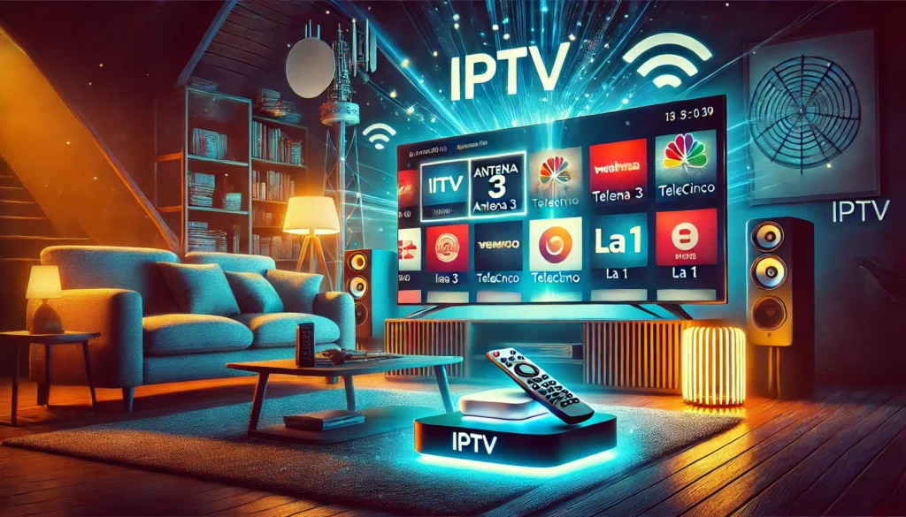 Salón moderno con un televisor inteligente transmitiendo canales españoles populares como Antena 3, Telecinco y La 1, simbolizando IPTV y TV online España