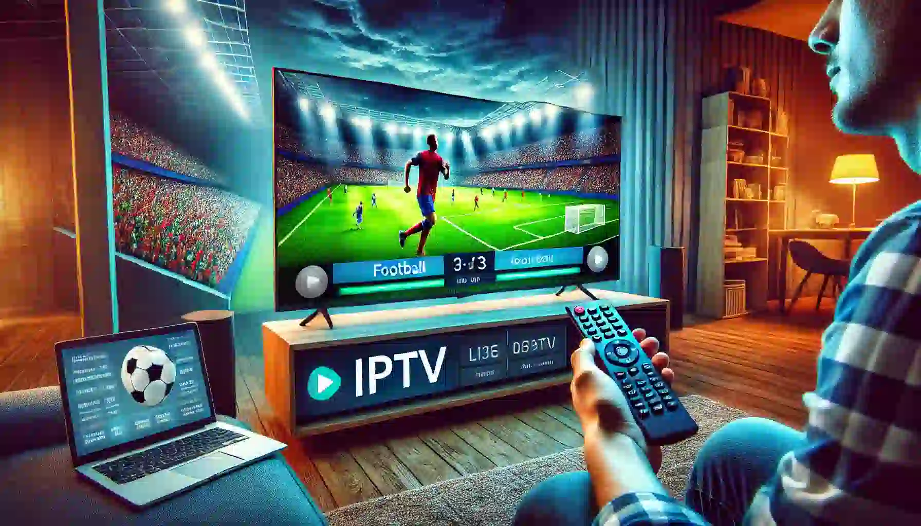 Persona viendo un partido de fútbol en vivo en una Smart TV mediante IPTV, con una transmisión en alta definición y un ambiente acogedor en la sala de estar.